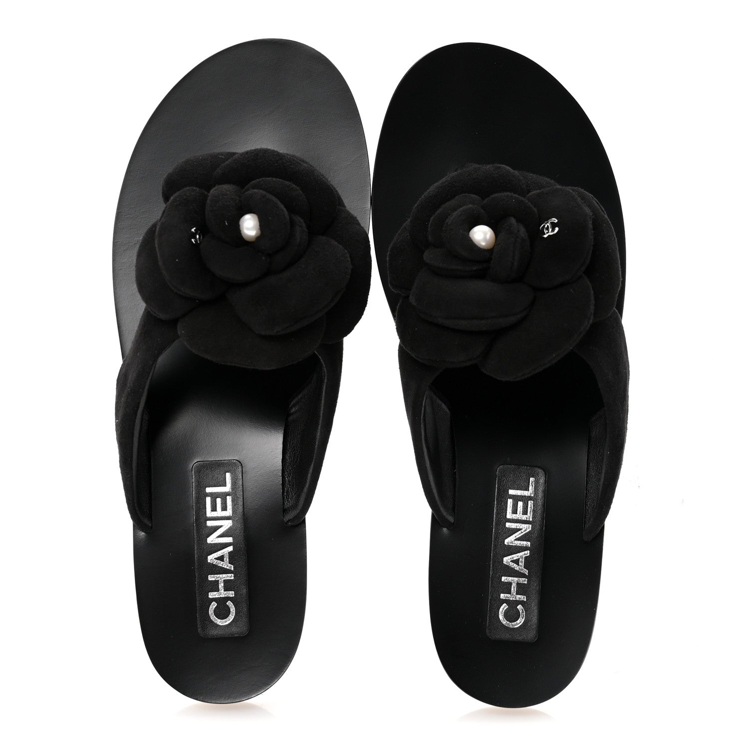 Chanel Suede Kidskin Pearl Camellia Thong Sandals 38.5 Black 2 of 10