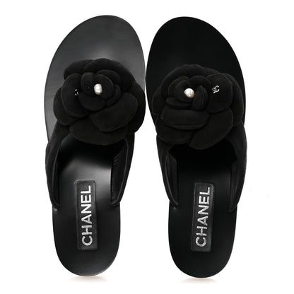 Chanel Suede Kidskin Pearl Camellia Thong Sandals 38.5 Black 2 of 10
