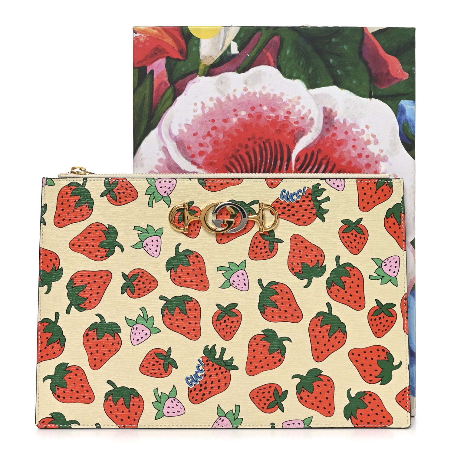 GUCCI イチゴ柄ポーチ ストロベリー ポーチ Gucci Calfskin Strawberry Print Zumi Pouch Ivory Red 1841500