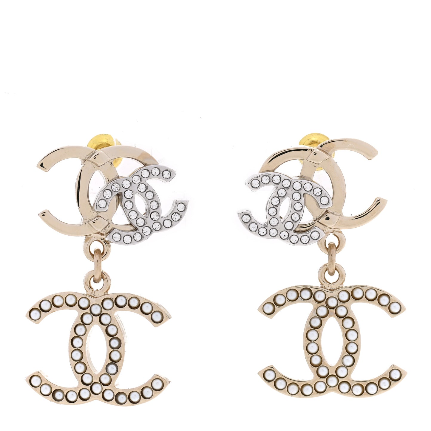 Crystal Pearl Double CC Drop Earrings Gold Silver