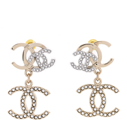 Chanel Crystal Pearl Double CC Drop Earrings Gold Silver 1 of 5