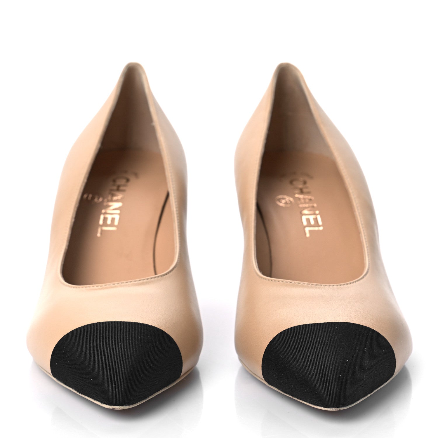 Chanel Lambskin Grosgrain Cap Toe CC Pearl Pumps 39.5 Beige Black 2 of 8