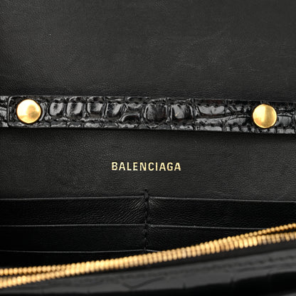 Balenciaga Shiny Calfskin Crocodile Embossed Hourglass Chain Bag Black 5 of 10