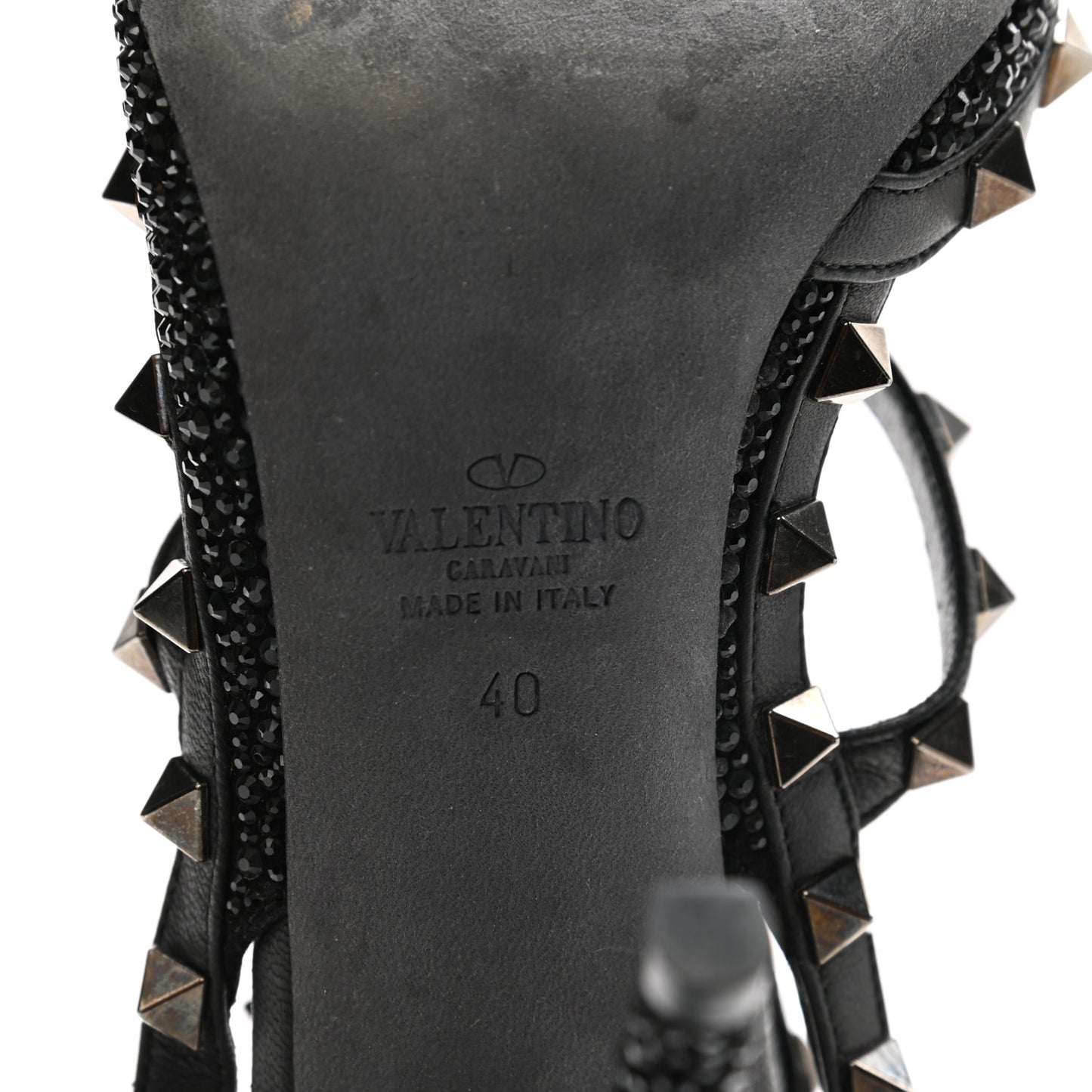 Calfskin Crystal Embellished Rockstud Ankle Strap 100mm Pumps 40 Black