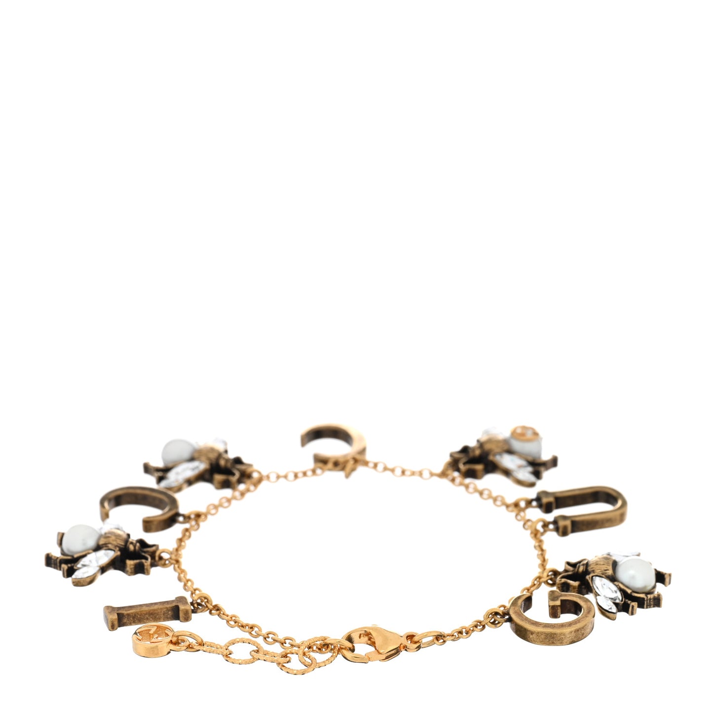 Crystal Pearl Bee Logo Charm Bracelet Aged Gold