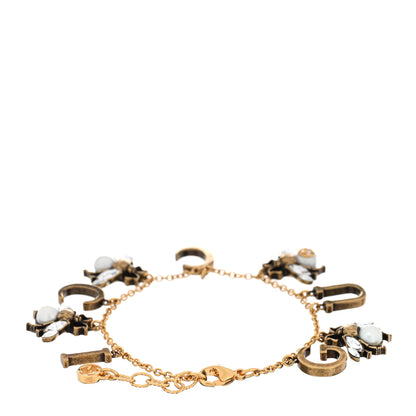 Gucci Crystal Pearl Bee Logo Charm Bracelet Aged Gold 2 of 3