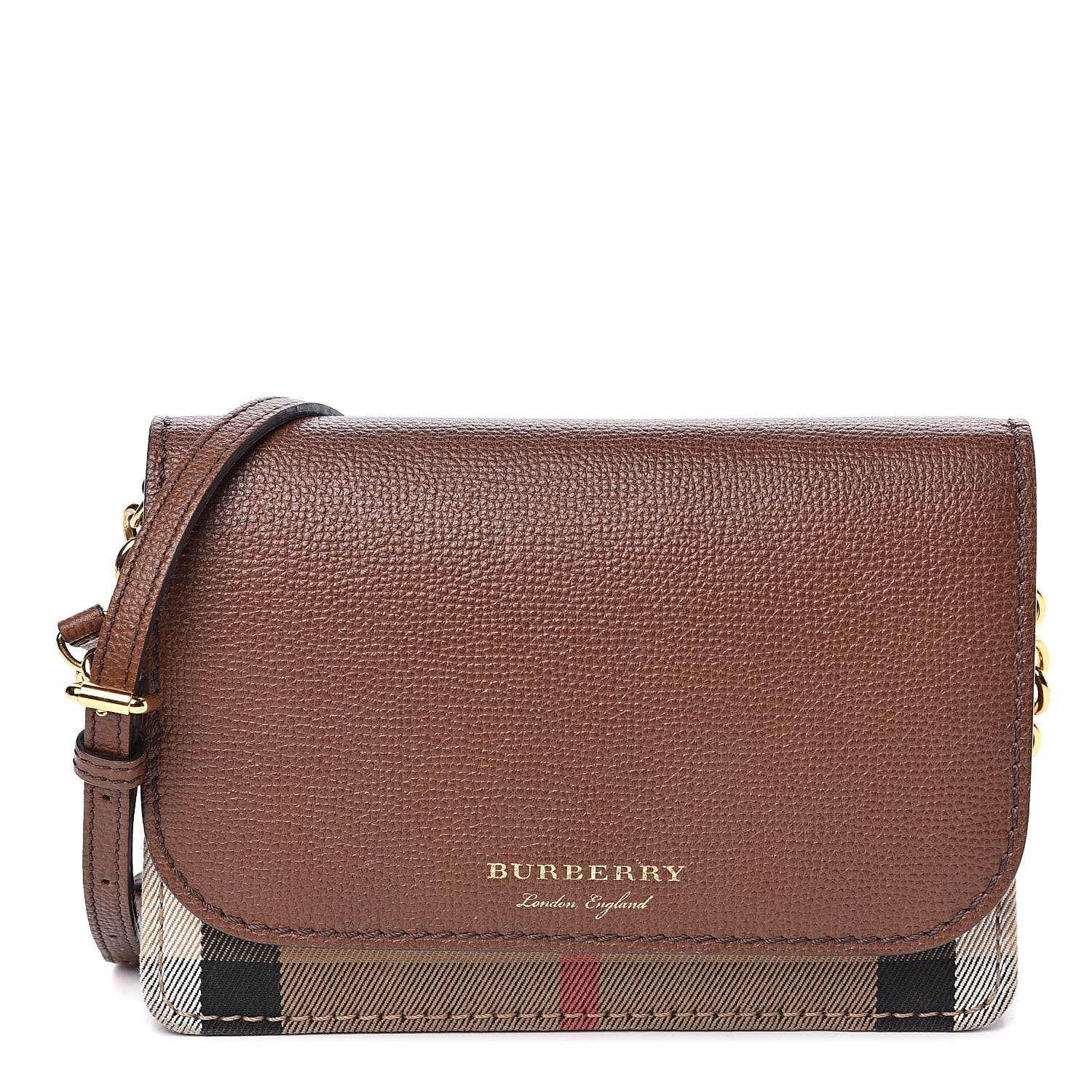 Burberry Derby Calfskin House Check Wallet On Chain Brown 1 of 9