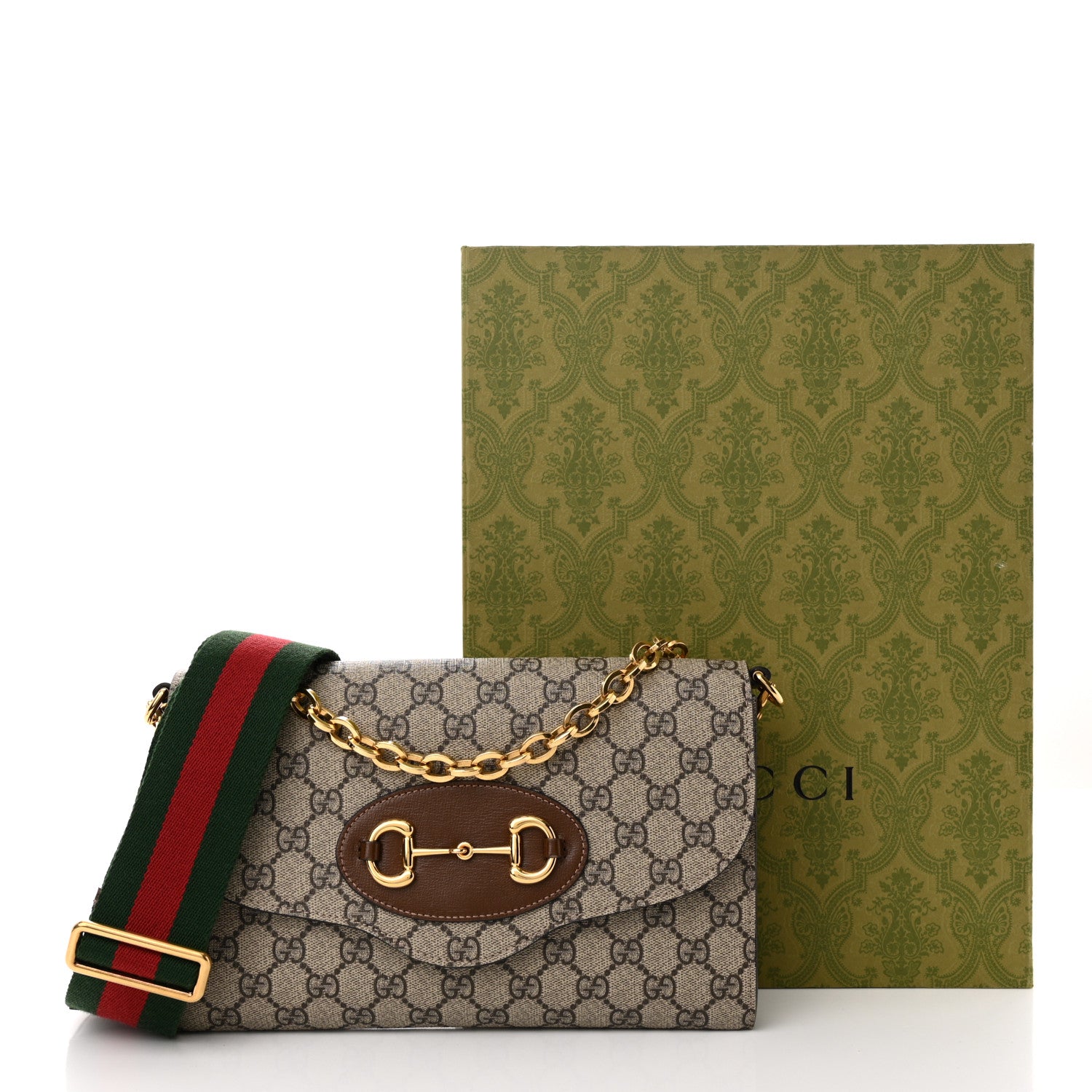 Gucci GG Supreme Monogram Azalea Calfskin Web Small Horsebit 1955 Crossbody Bag Beige Ebony Brown Sugar 10 of 10