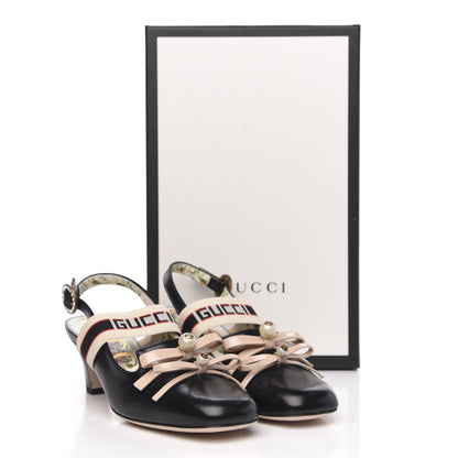 Gucci Malaga Kid Bow Ace Stripe Mid Heel Slingback Pumps 36.5 Black 9 of 9