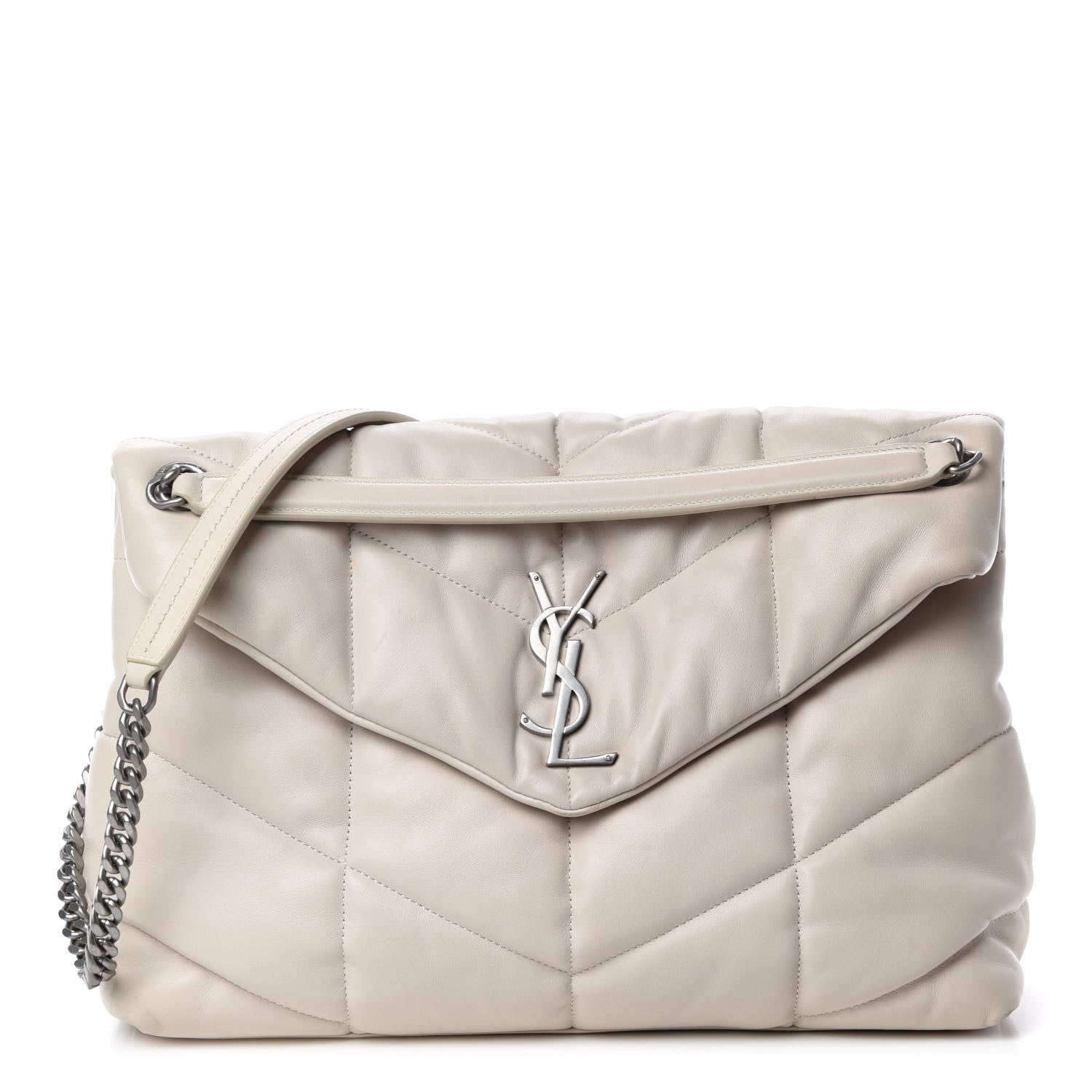 Saint Laurent Lambskin Quilted Medium Loulou Puffer Monogram Chain Satchel Crema Soft 1 of 15