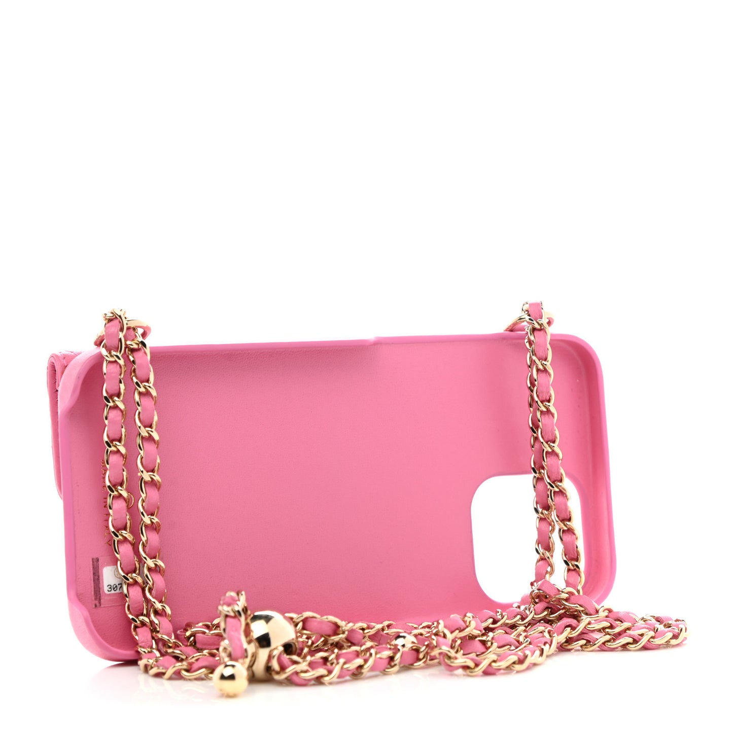Lambskin Quilted Pearl Crush iPhone XII Pro Holder With Chain Pink