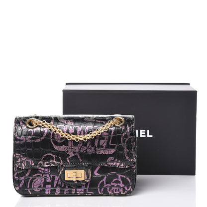 Chanel Calfskin Crocodile Embossed Graffiti 2.55 Mini Cocodile Reissue Flap Black Pink 10 of 10