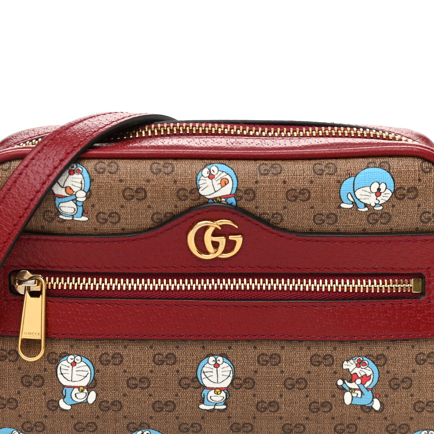 X DORAEMON Mini Vintage GG Supreme Monogram Camera Bag Beige Cherry Red