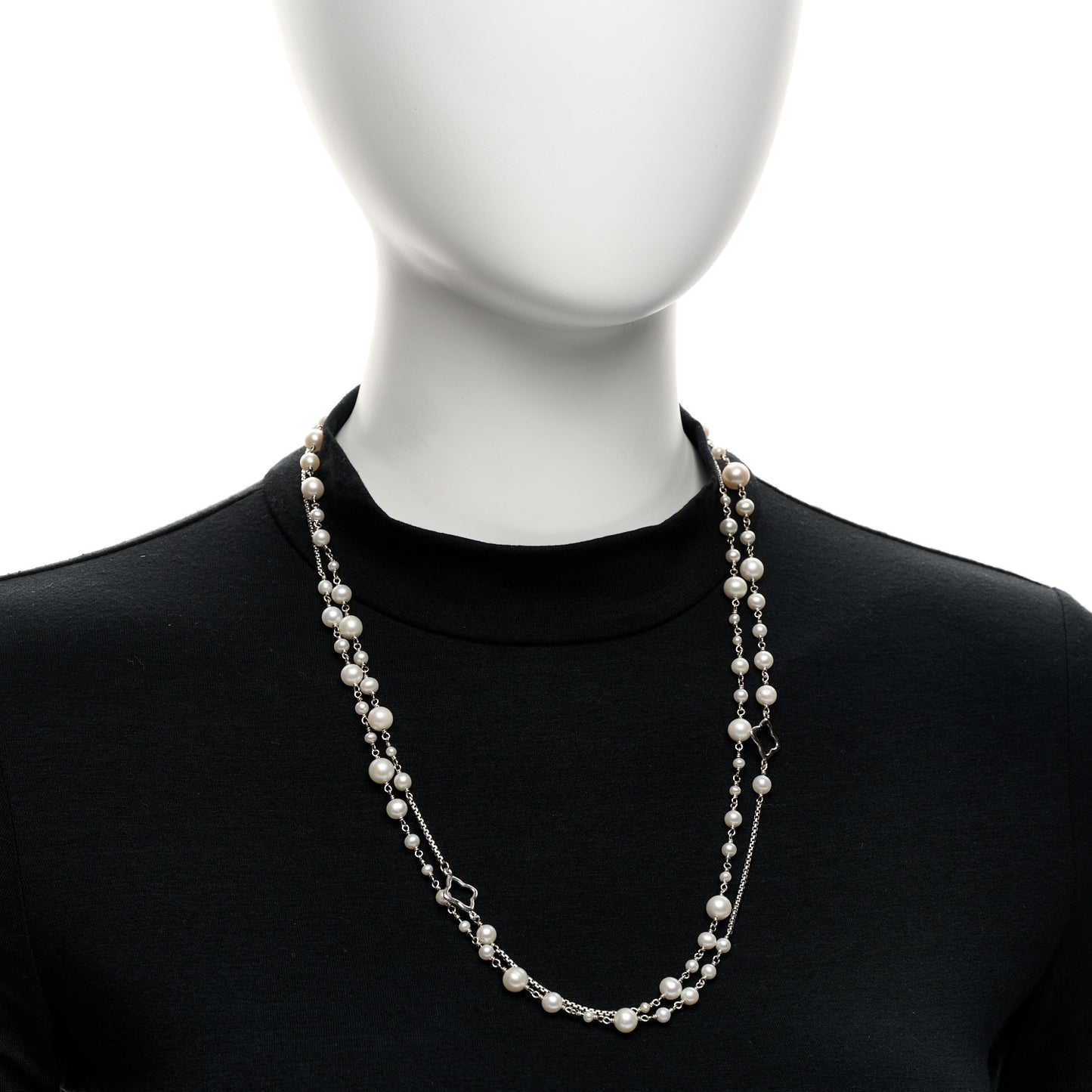 Sterling Silver Cultured Pearl Quatrefoil Long Chain Necklace