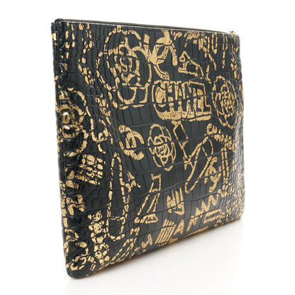 Chanel Calfskin Crocodile Embossed Graffiti 2.55 Medium Cocodile Reissue Cosmetic Case Black Gold 3 of 9