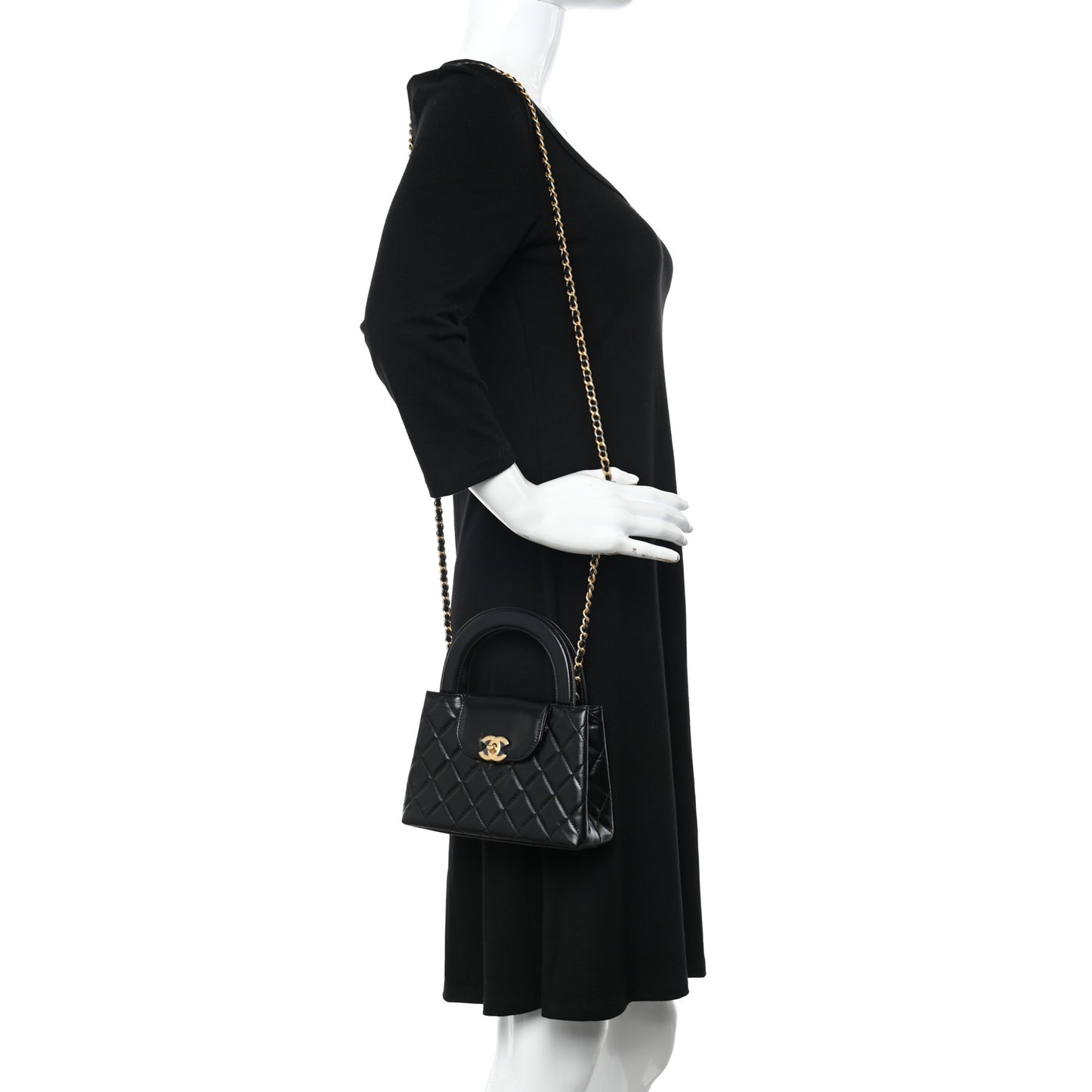 Shiny Aged Calfskin Quilted Nano Kelly Shopper Black