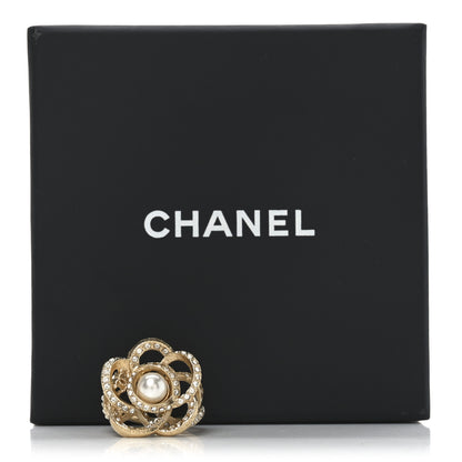 Chanel Crystal Pearl CC Camellia Ring 49 4.75 Gold 5 of 5