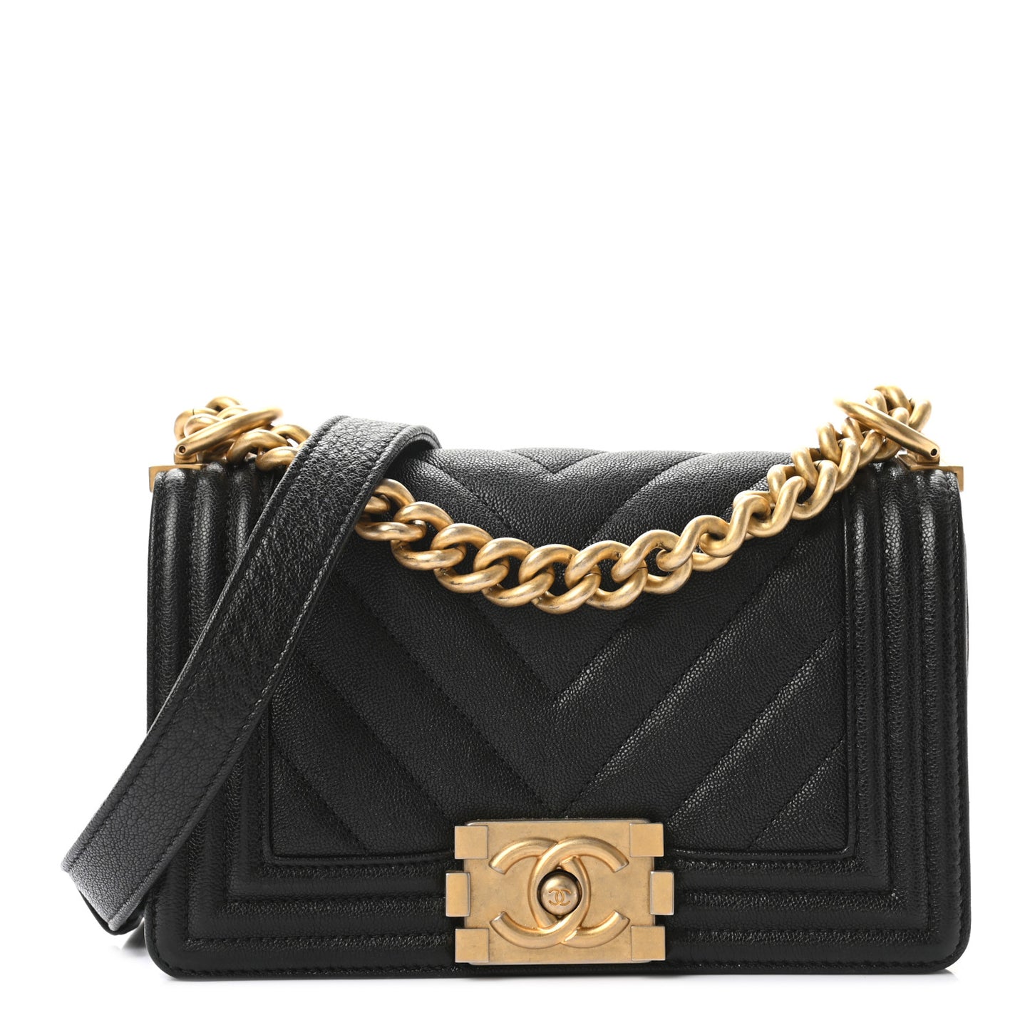 Caviar Chevron Quilted Small Boy Flap Black