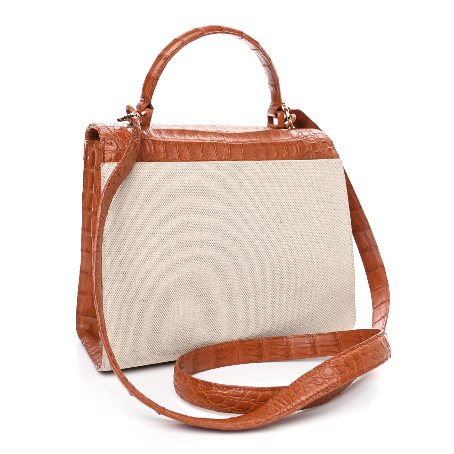 Linen Crocodile Top Handle Bag Natural Brown
