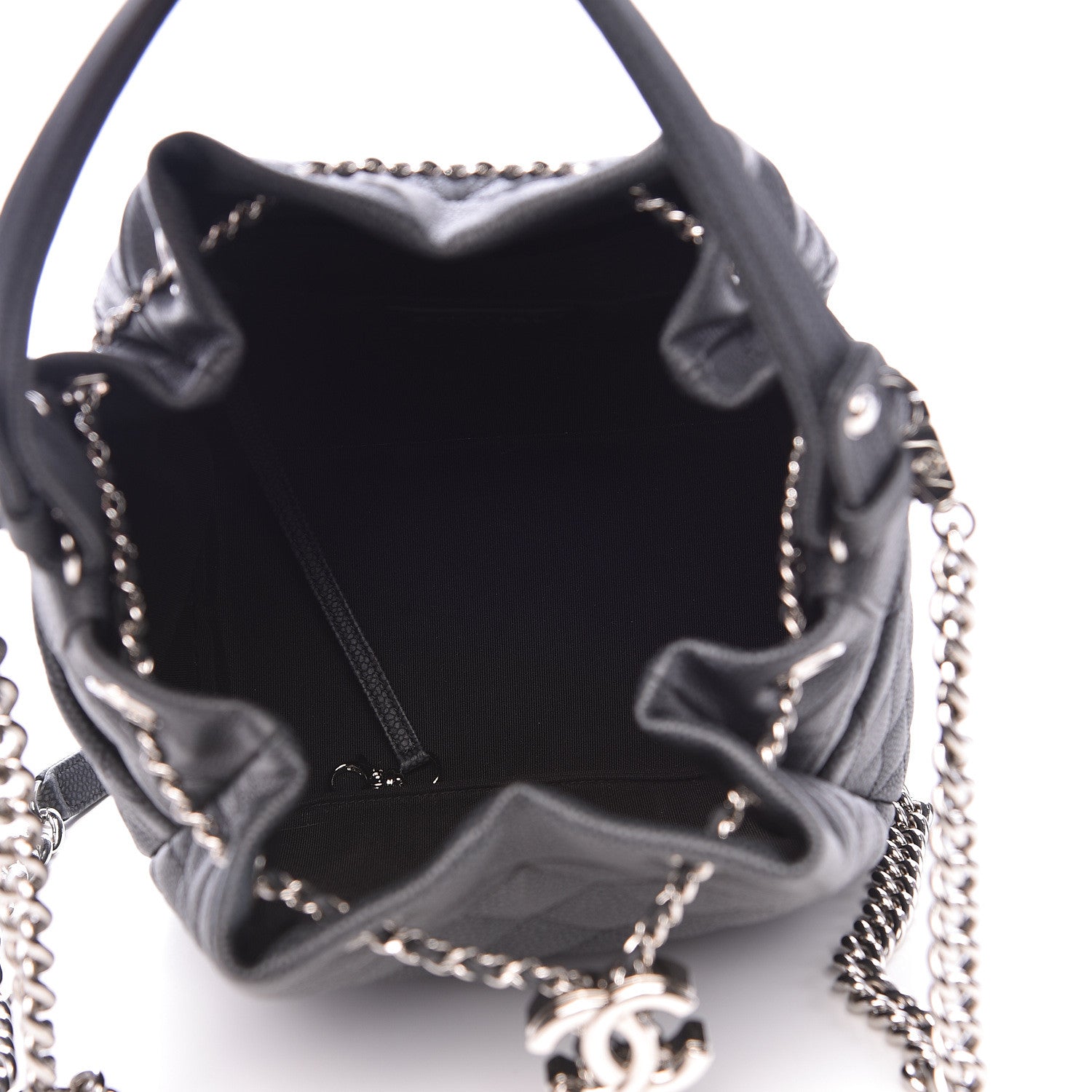 Chanel Caviar Flat Quilted CC Chain Bucket Drawstring Bag Black 5 of 10