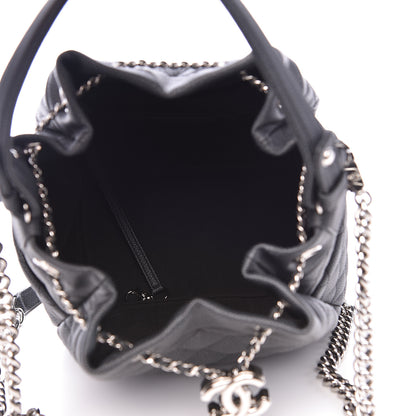 Chanel Caviar Flat Quilted CC Chain Bucket Drawstring Bag Black 5 of 10