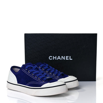 Chanel Suede Calfskin Lace Up Cap Toe Sneakers 37 Blue 9 of 9