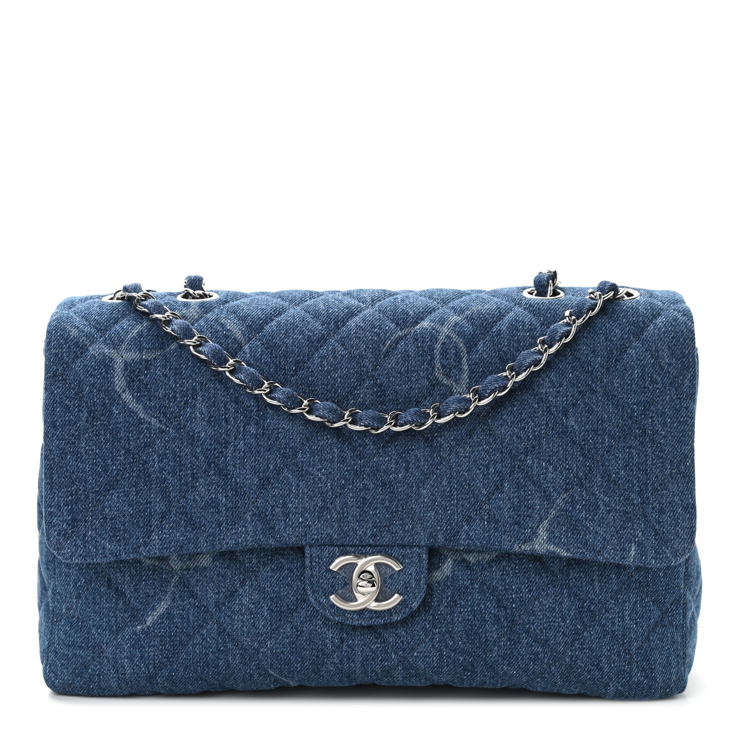 Denim Quilted CC Print Jumbo Single Flap Blue