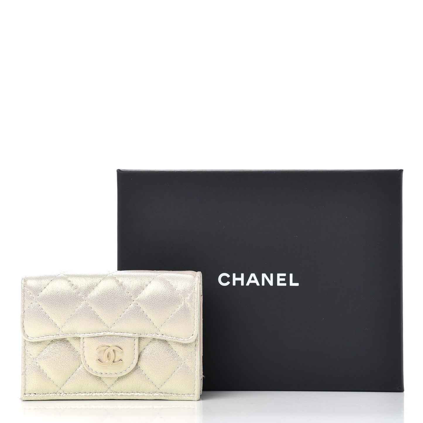 Iridescent Lambskin Quilted Double Flap Wallet Ivory