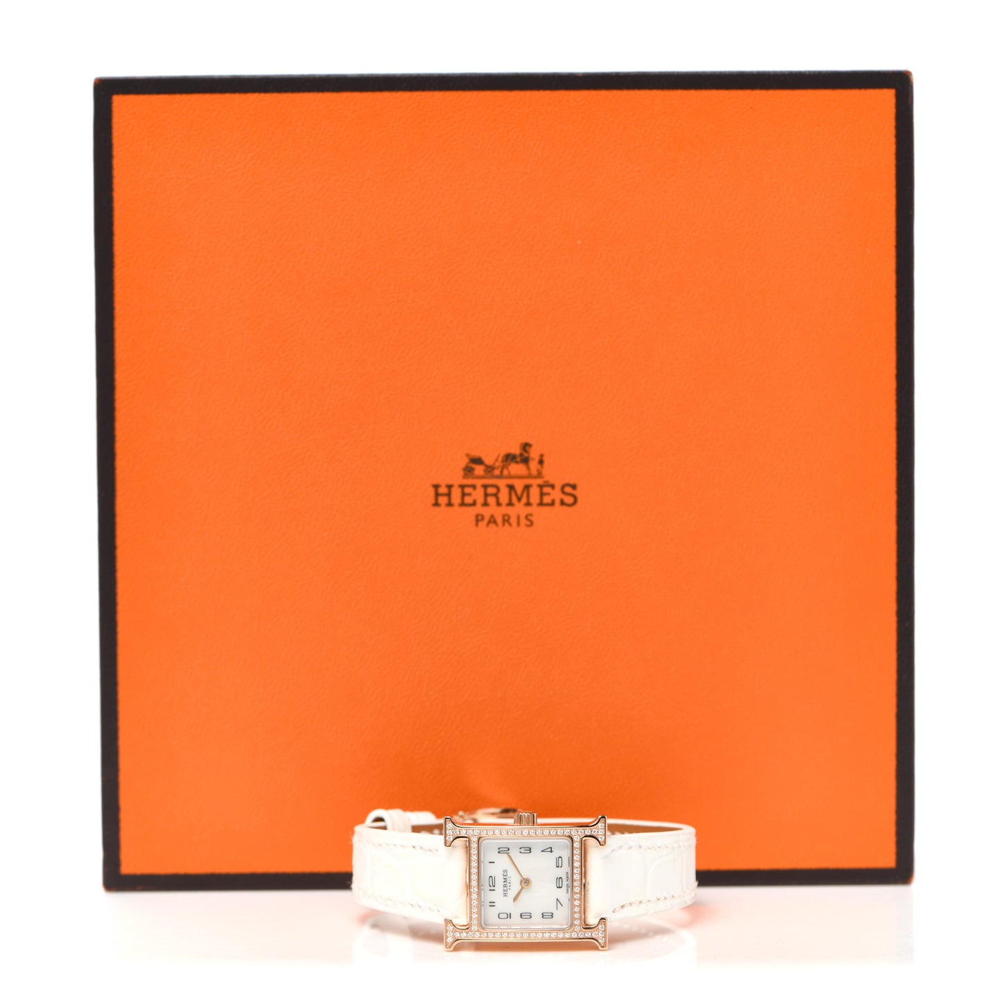 18K Rose Gold Alligator Diamond Bezel Mother of Pearl 17.2mm Heure H Hour Quartz Watch Blanc