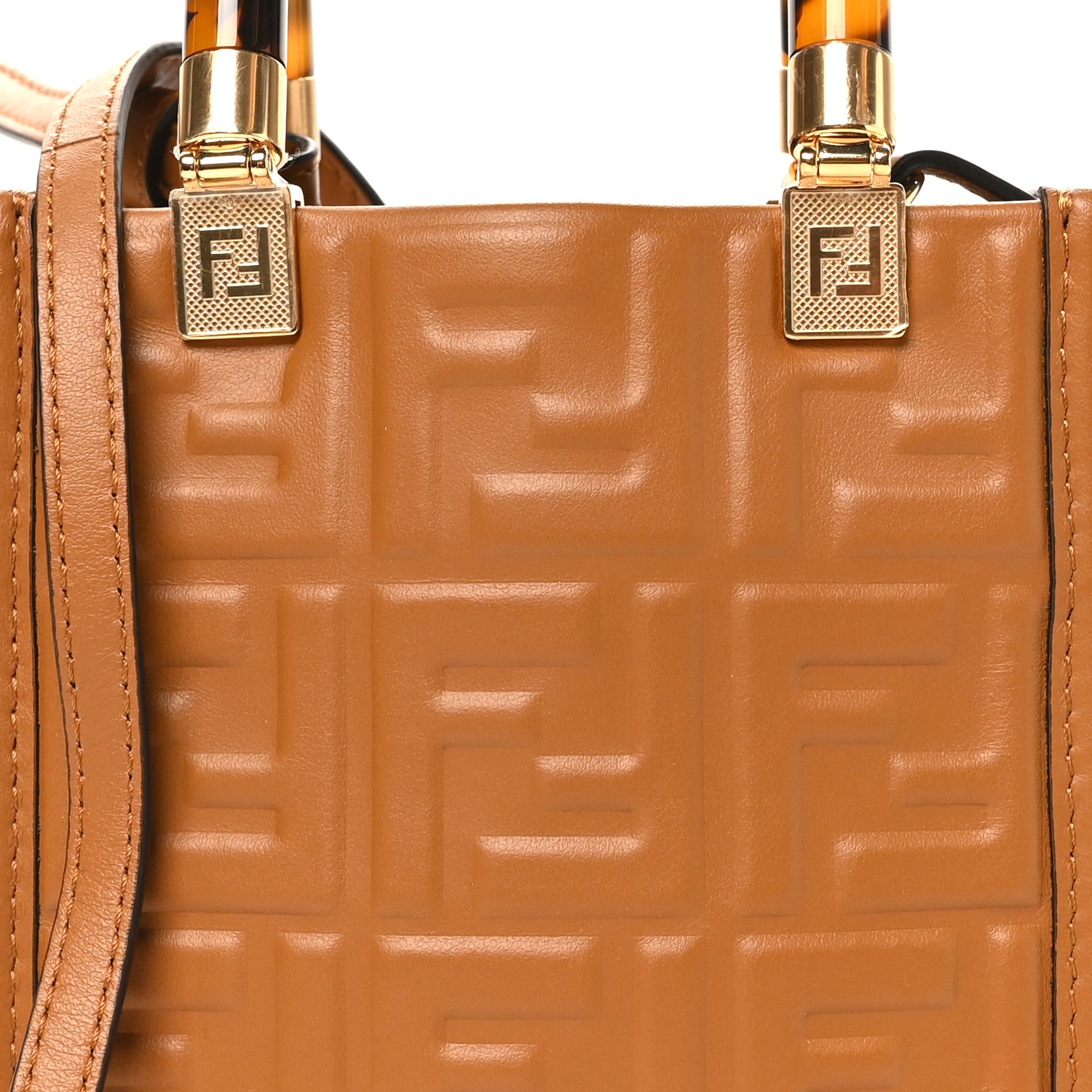 Fendi Vitello Plexiglass FF Embossed Mini Fendi Sunshine Shopper Tote Caramello 8 of 10
