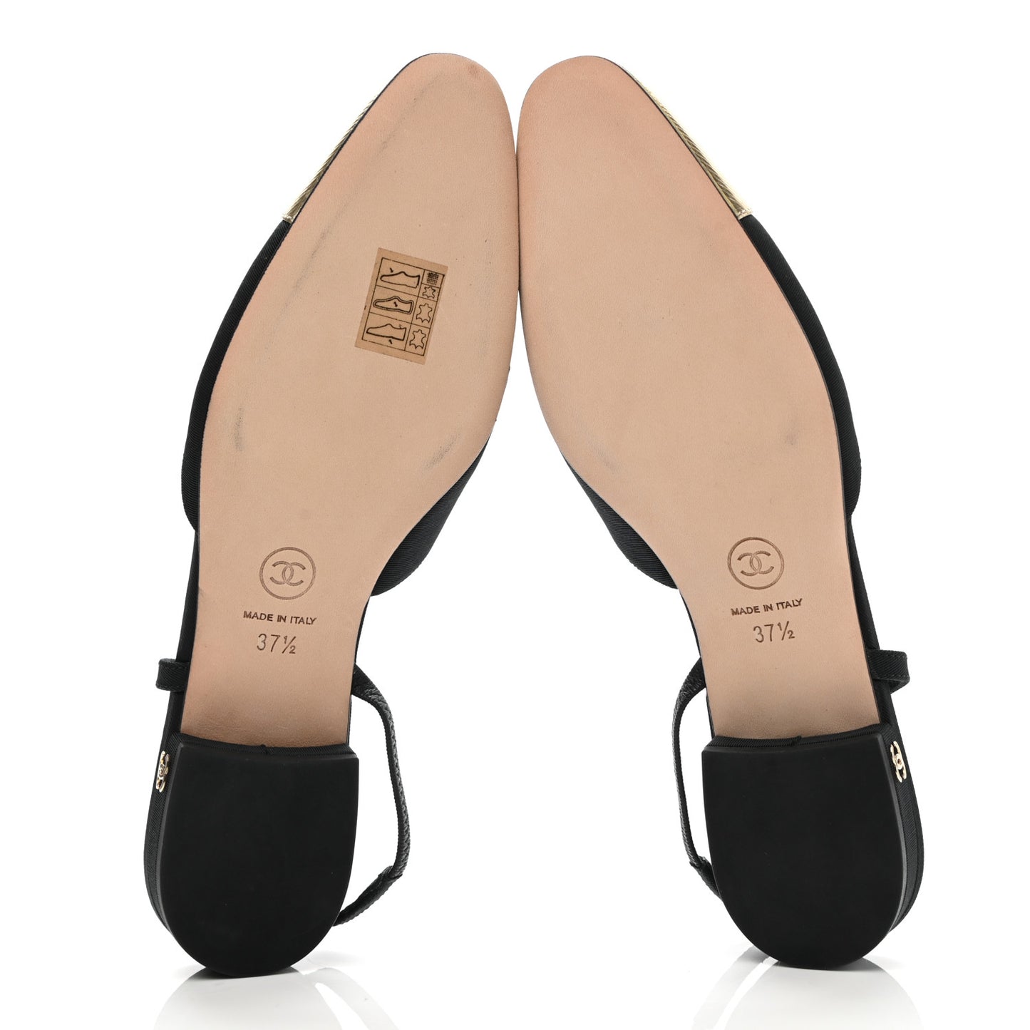 Laminated Lambskin Grosgrain Cap Toe CC Slingback Flats 37.5 Black Gold