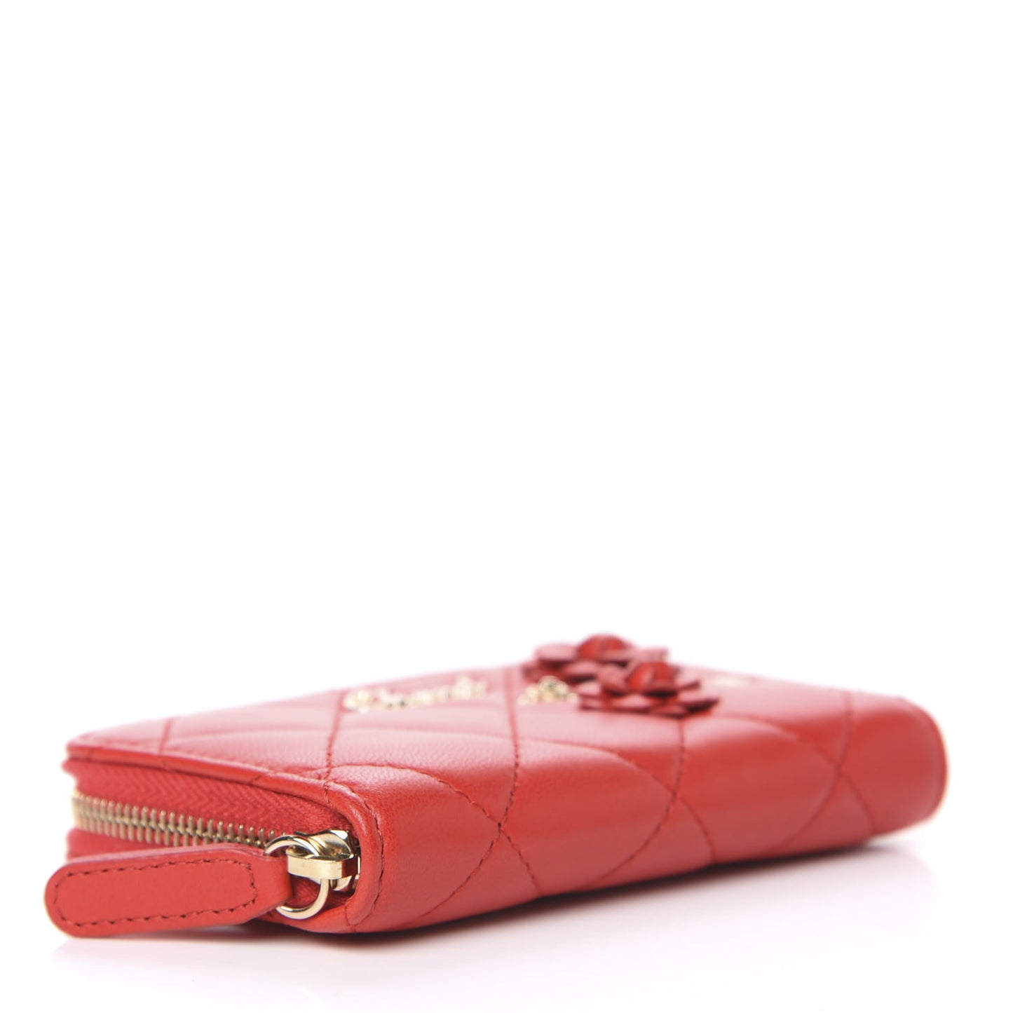 Lambskin Quilted Camellia Zip Coin Purse Red