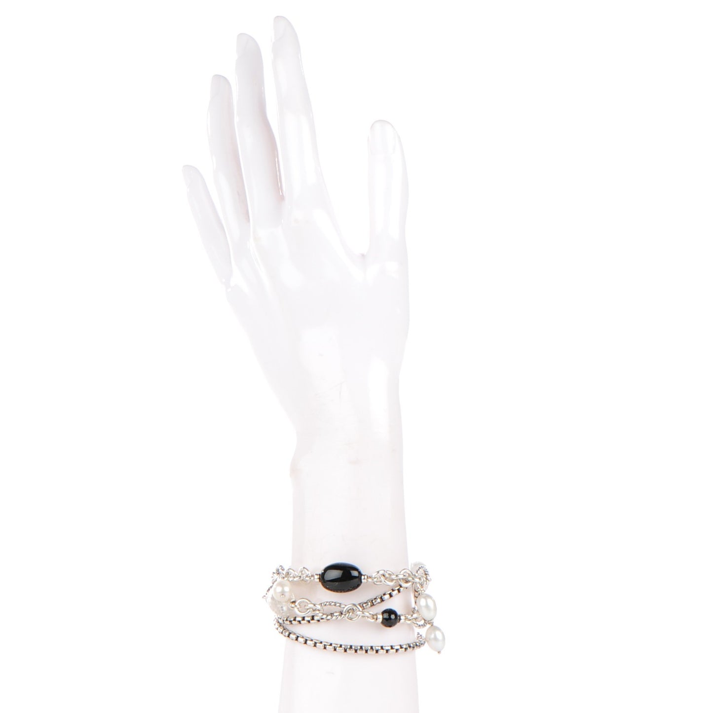Sterling Silver Pearl Black Onyx 17mm Bijoux Multistrand Beaded Bracelet