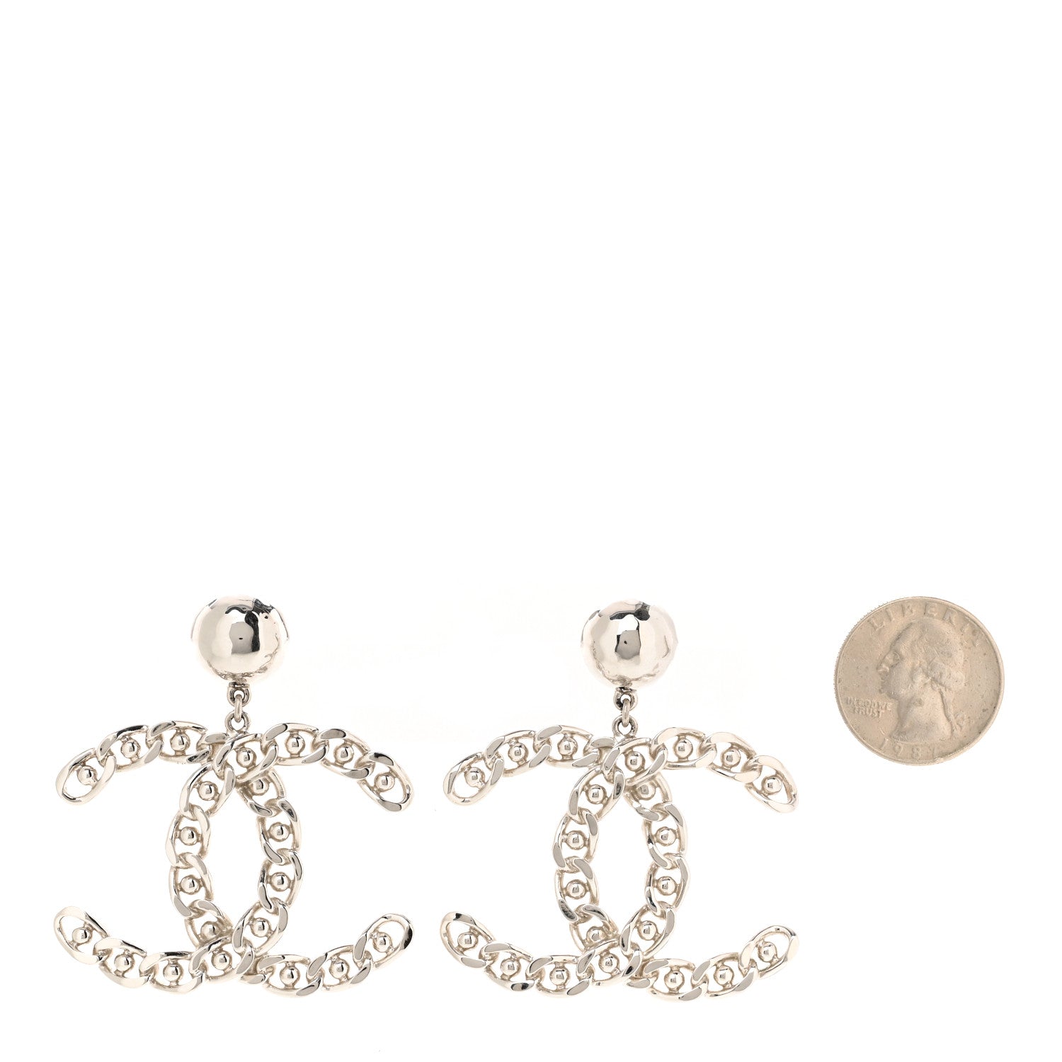 Chanel Pearl Chain Link CC Drop Earrings Silver 3 of 4