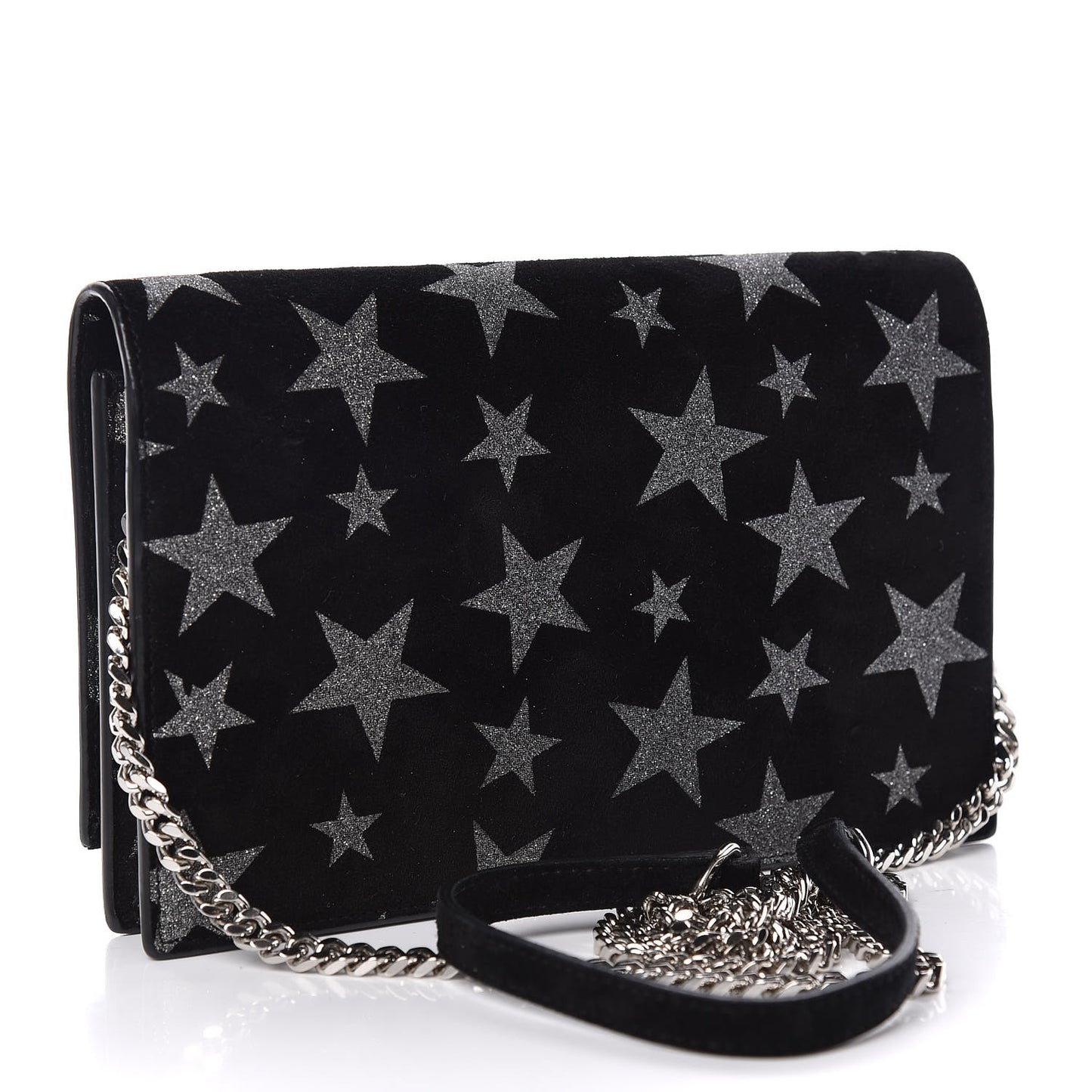 Suede Star Print Monogram Tassel Chain Wallet Black Silver