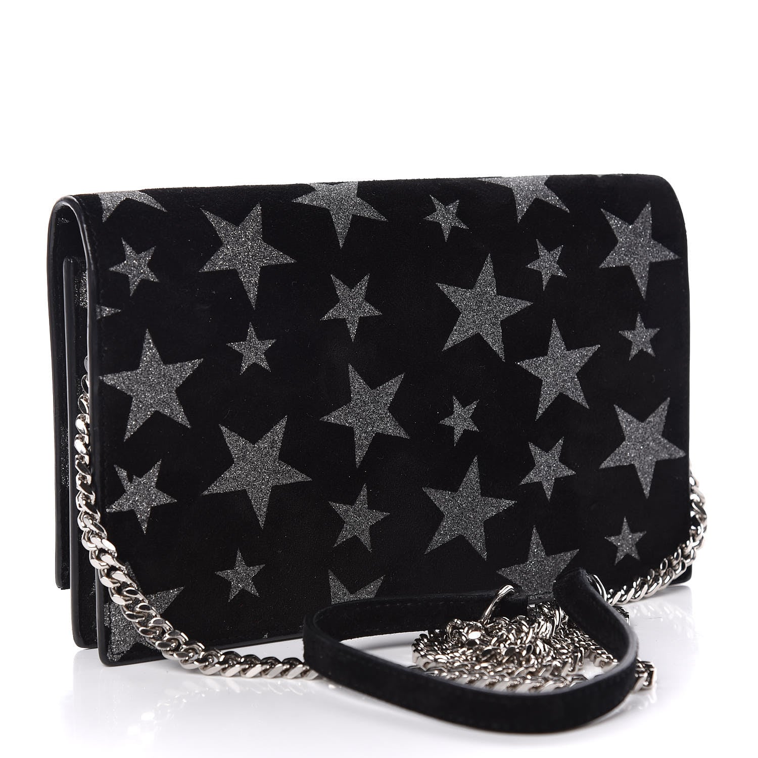 Saint Laurent Suede Star Print Monogram Tassel Chain Wallet Black Silver 3 of 10