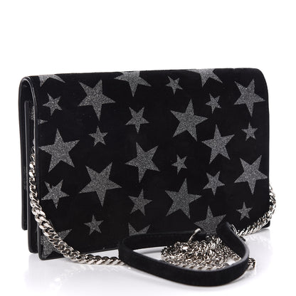 Saint Laurent Suede Star Print Monogram Tassel Chain Wallet Black Silver 3 of 10