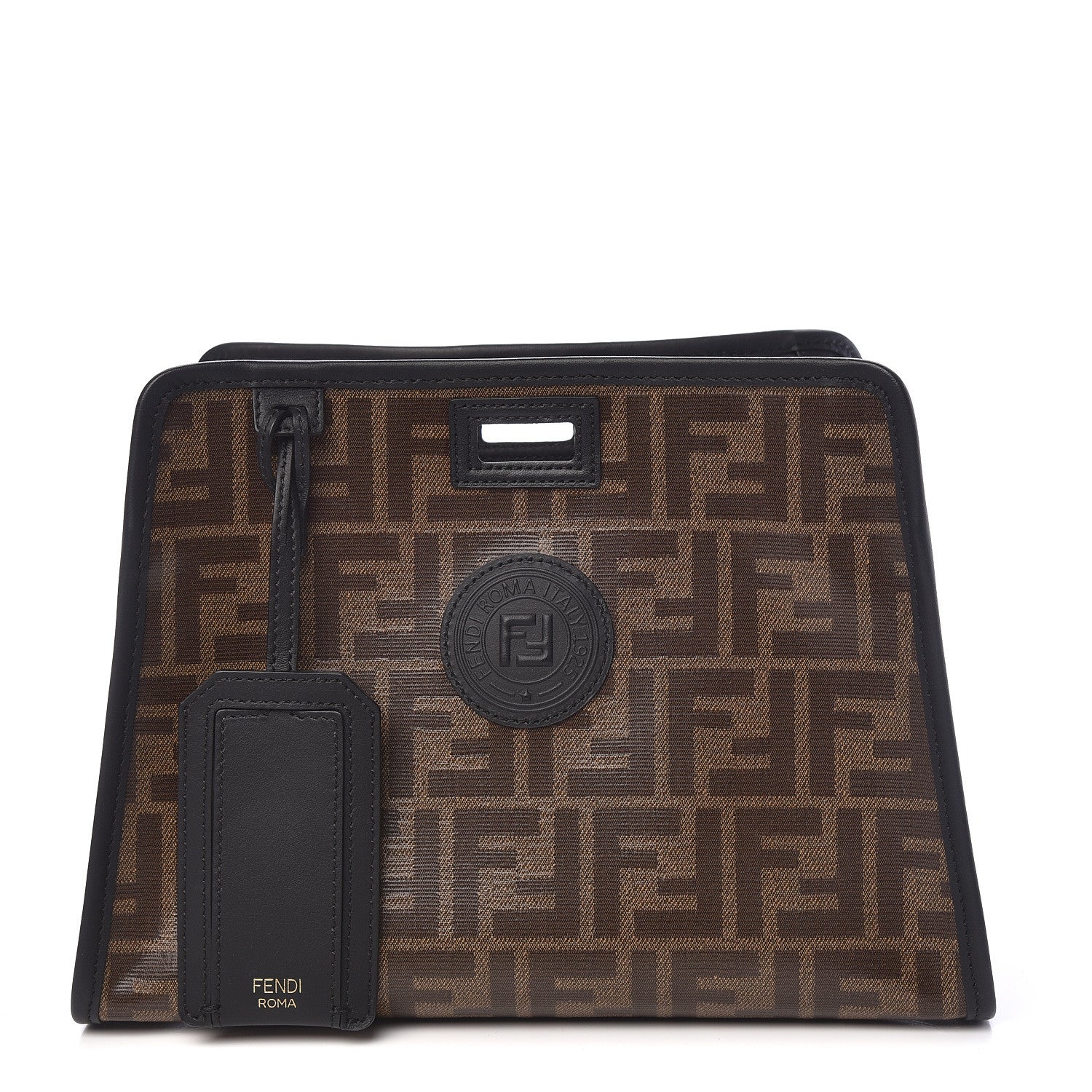 Fendi Glazed Fabric Vitello Century FF 1974 Stamp Patch Mini Peekaboo Defender Cover Mogano Panna Black 1 of 9