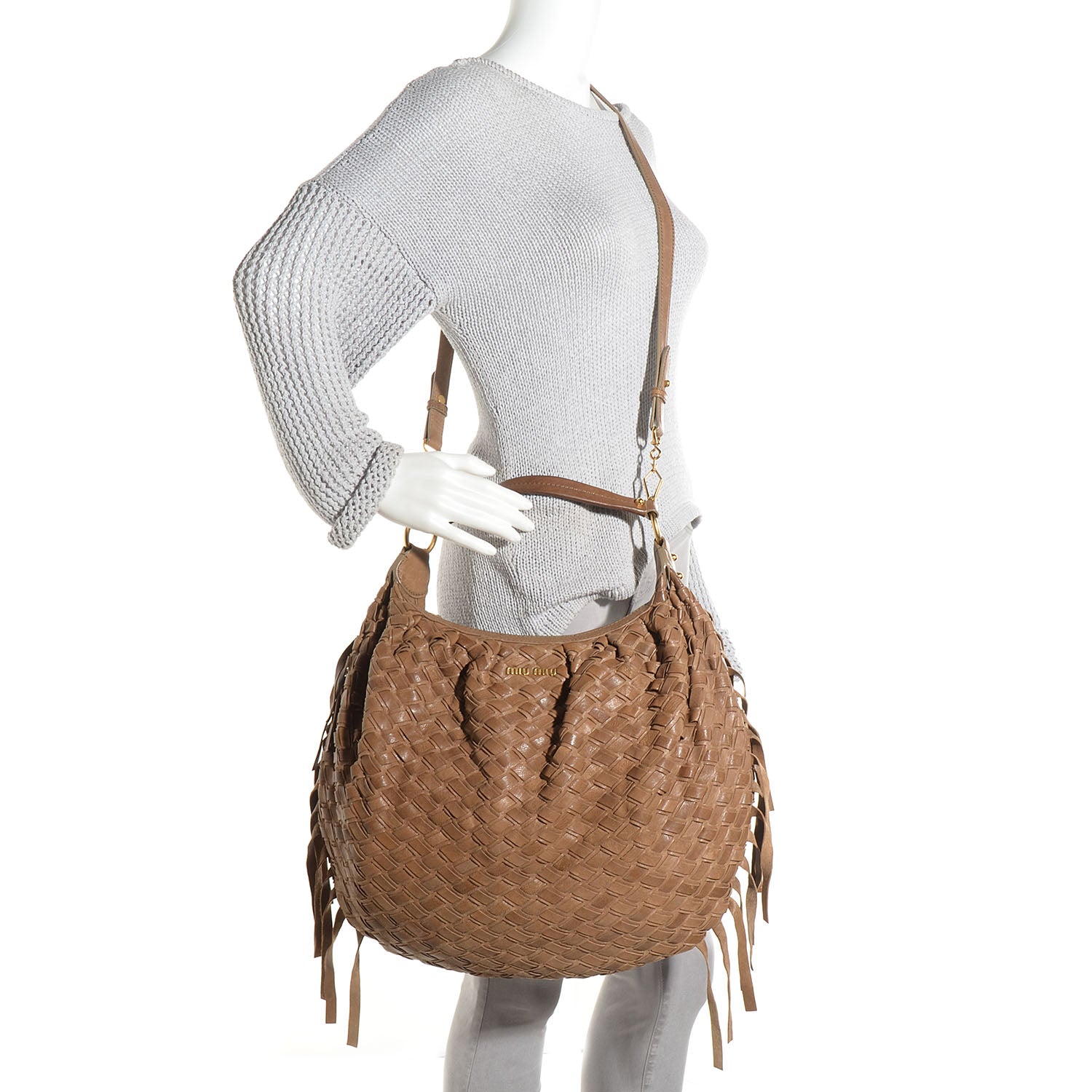 Miu Miu Woven Leather Fringe Hobo 2 of 10