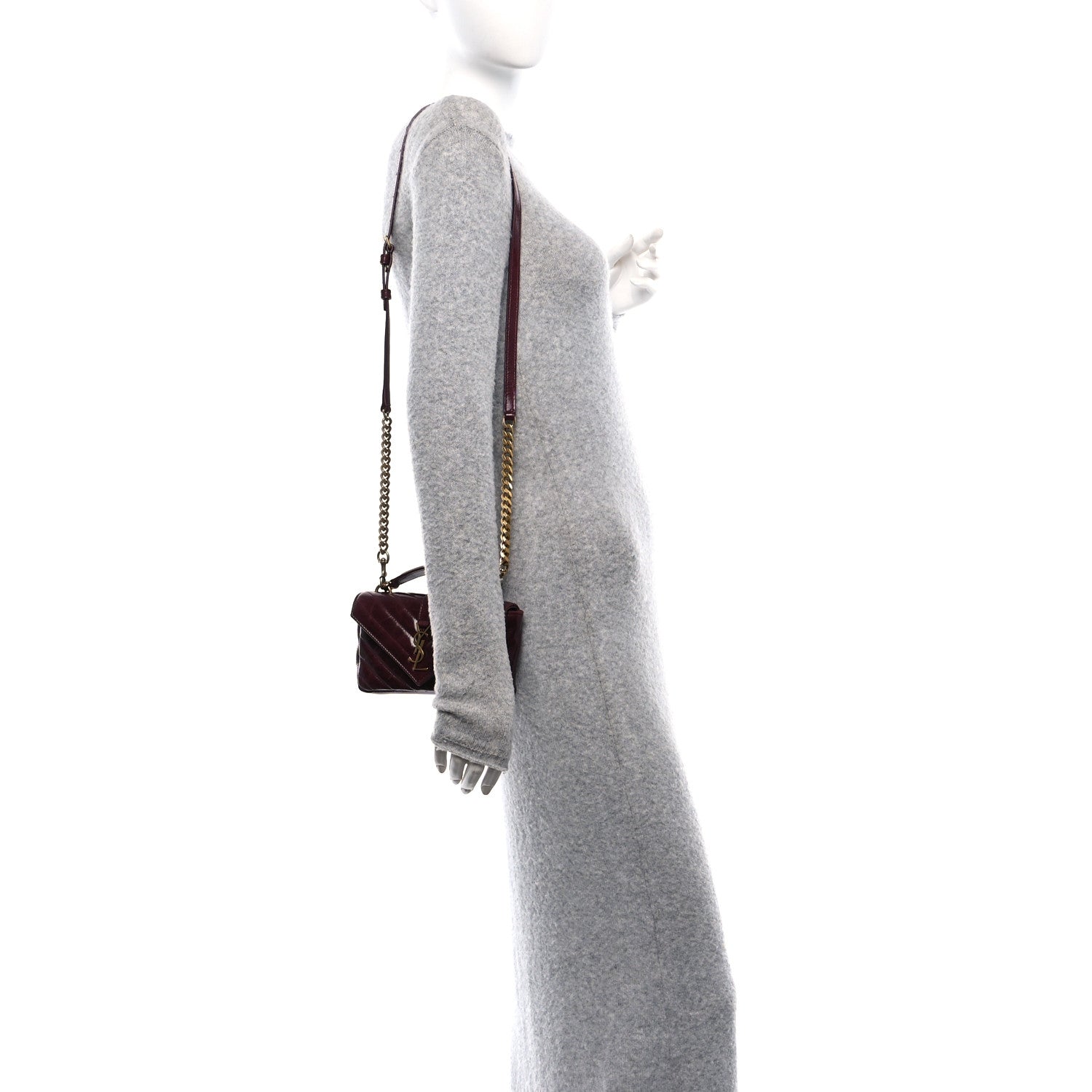 Saint Laurent Shiny Calfskin Matelasse Chevron Monogram Mini College Bag Deep Hot Wine 2 of 11