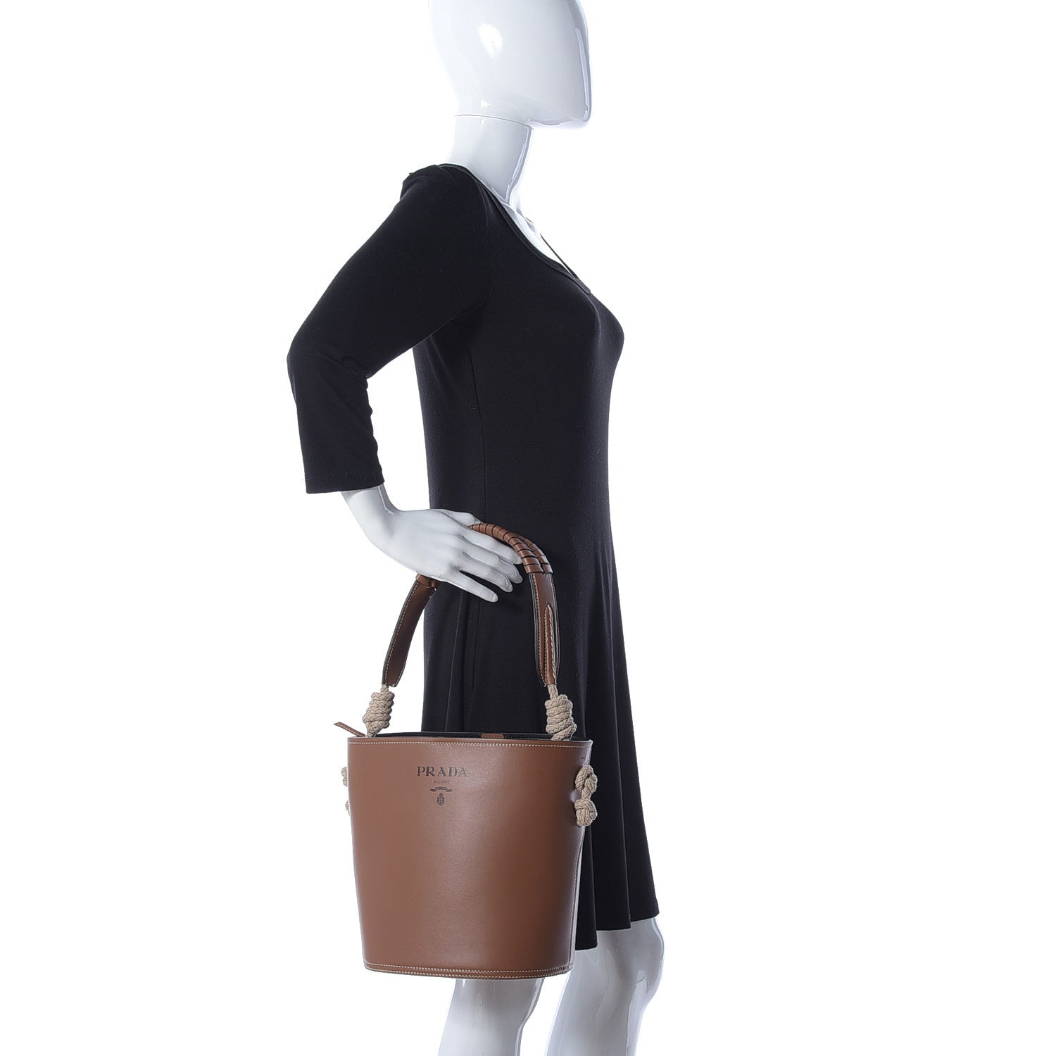 Prada City Calfskin Knotted Rope Bucket Bag Cognac 3 of 11