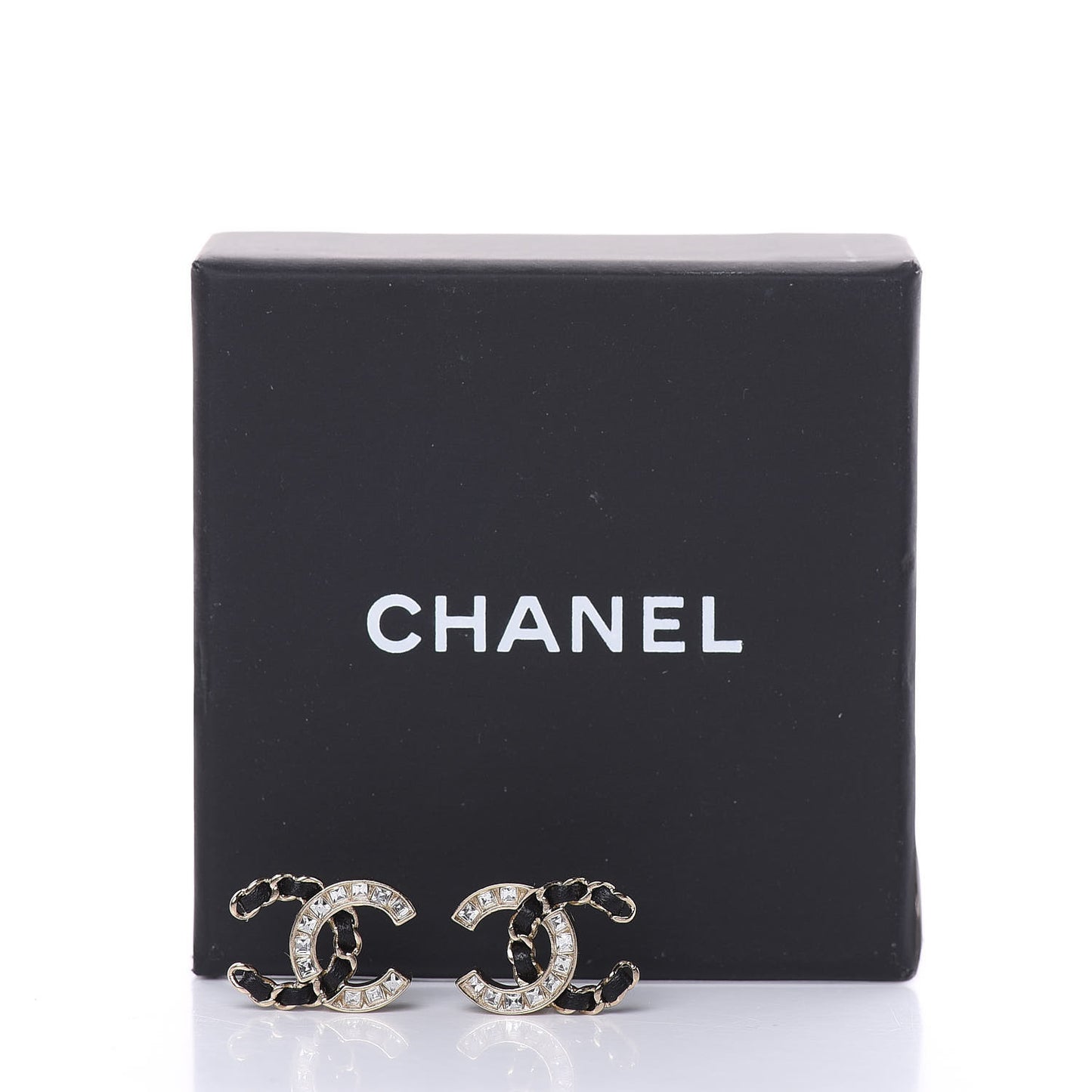 Crystal Baguette Lambskin Chain CC Vintage Allure Stud Earrings Black Gold