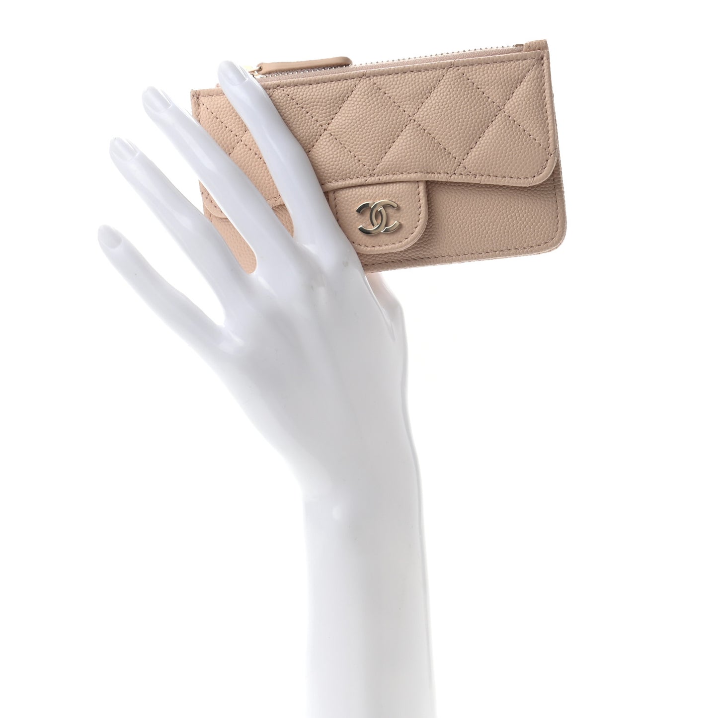 Caviar Quilted Flap Zip Card Holder Beige