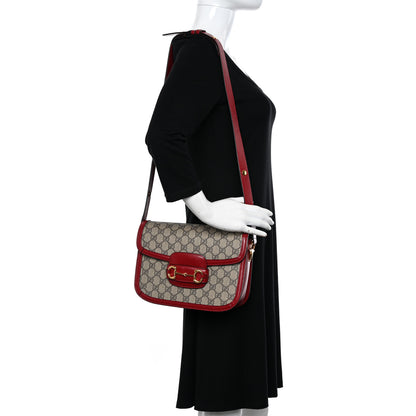 Gucci GG Supreme Monogram Azalea Calfskin Horsebit 1955 Shoulder Bag Beige Ebony New Cherry Red 2 of 11