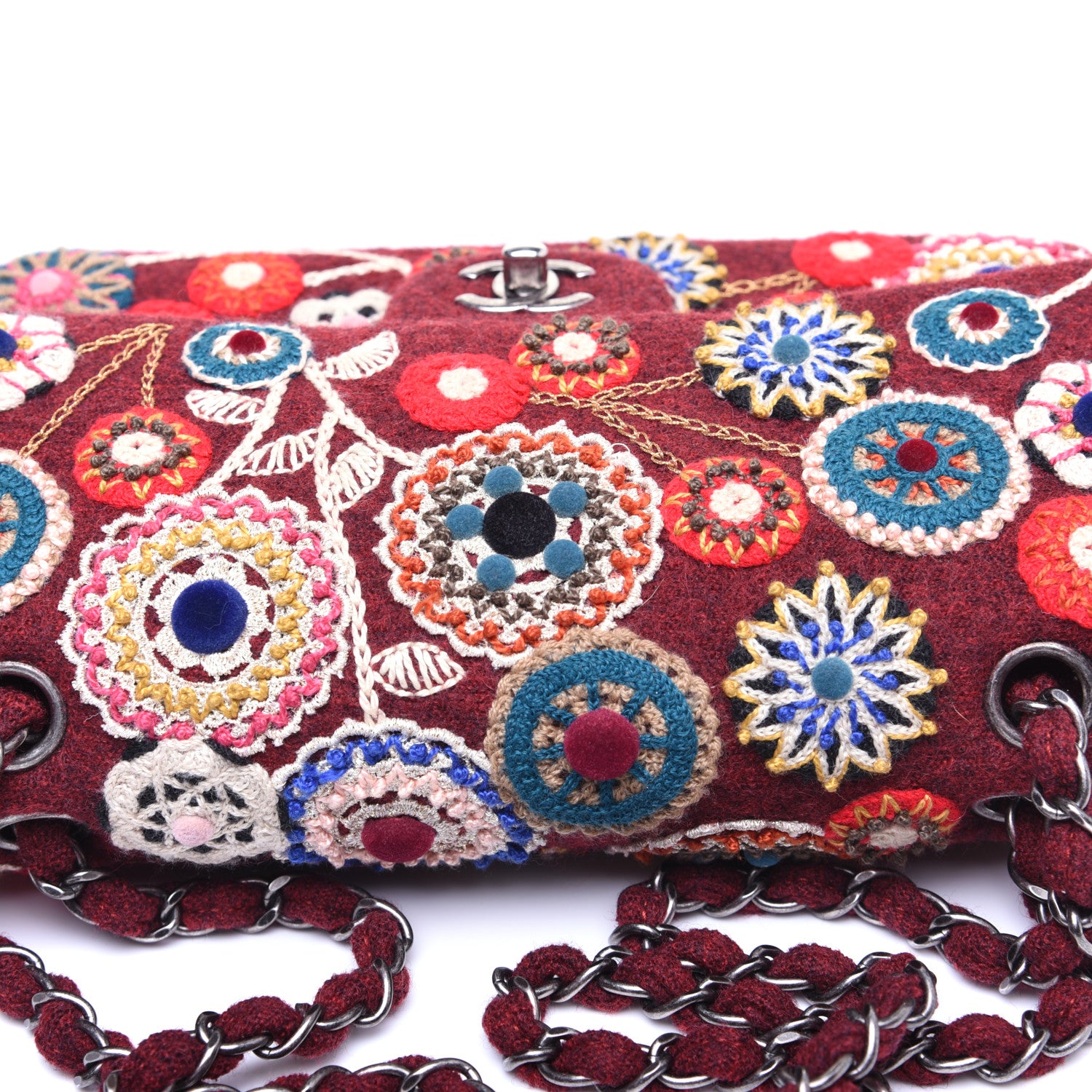 Chanel Felt Flower Embroidered Medium Double Flap Burgundy Multicolor 13 of 13