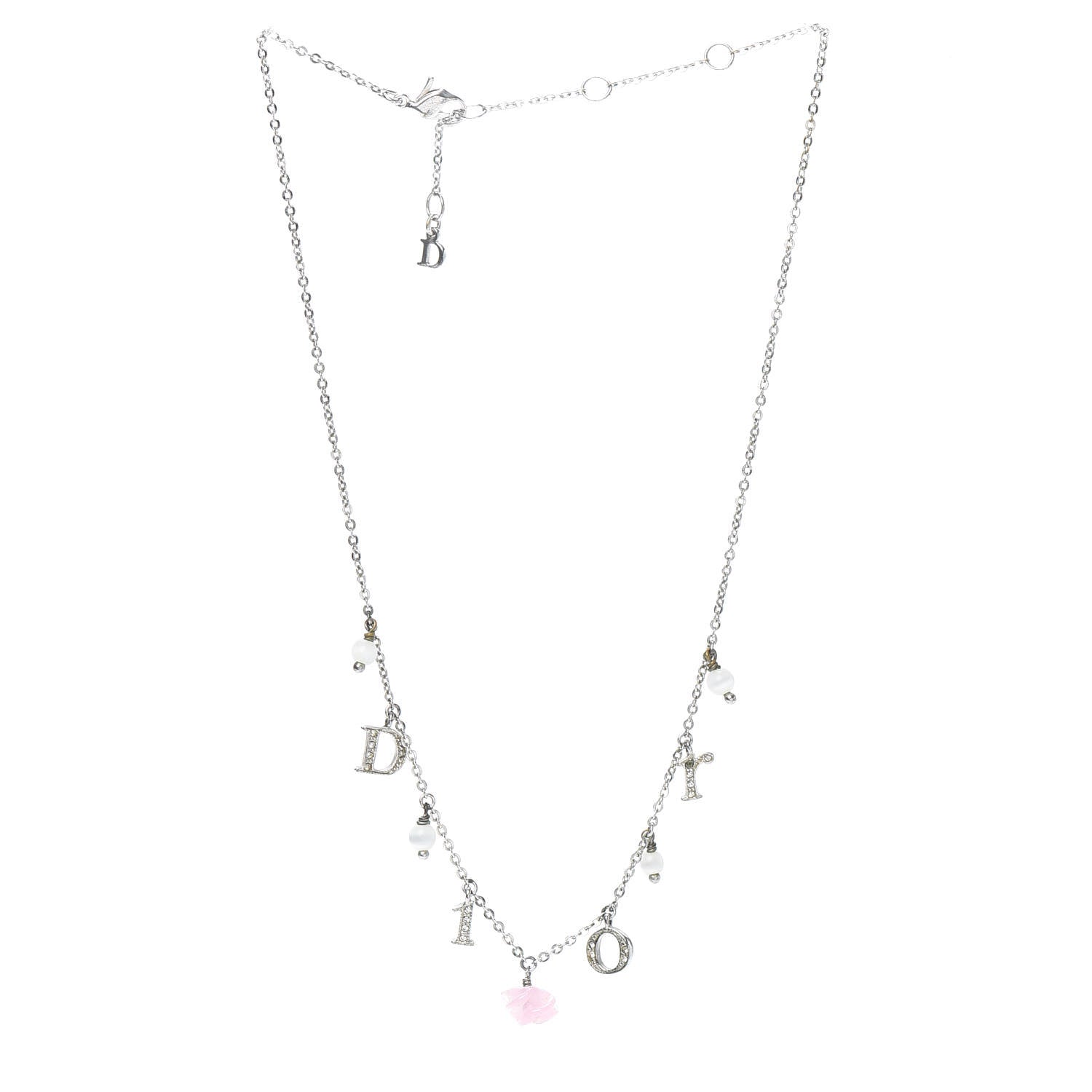 Christian Dior Crystal Logo Charm Necklace Silver 3 of 5