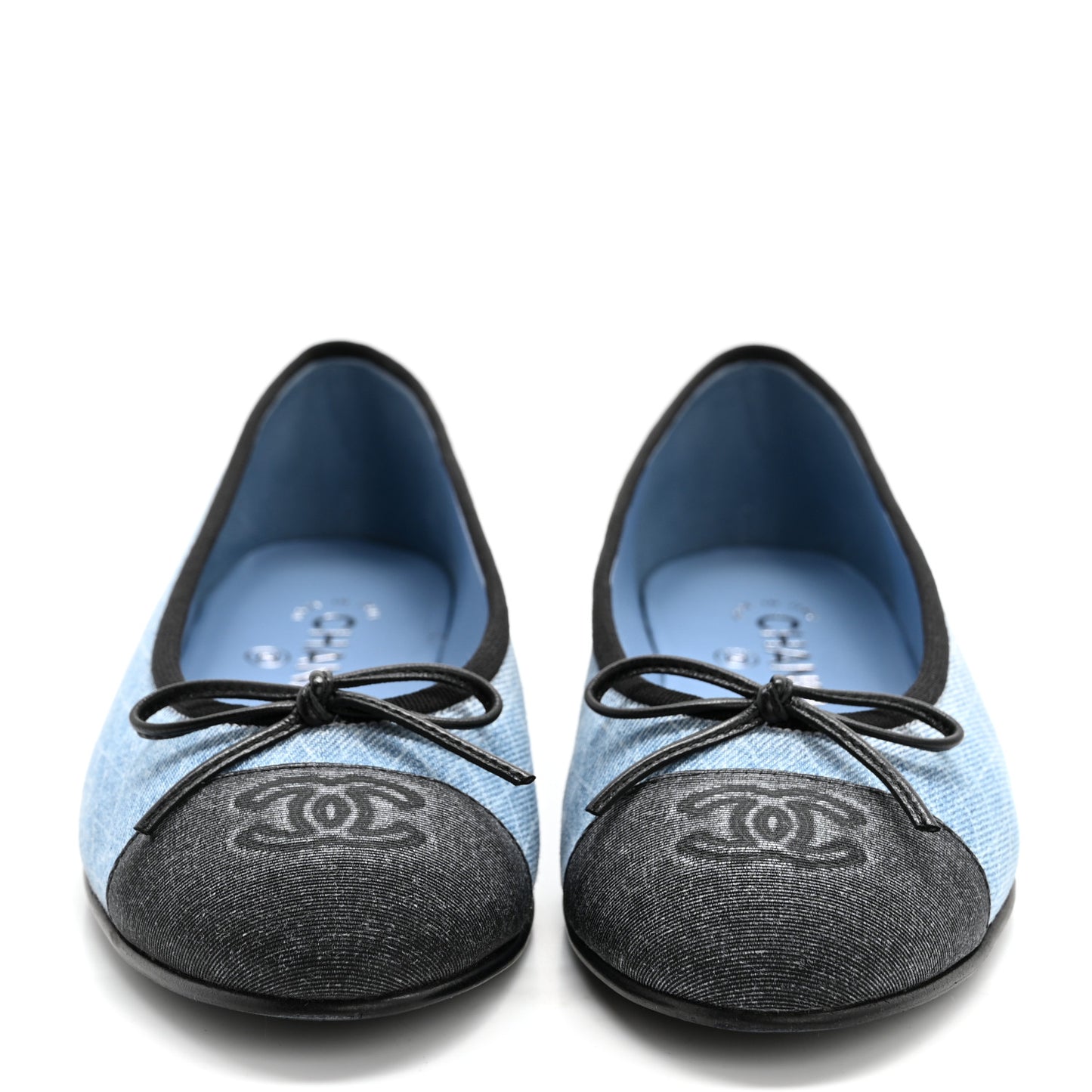 Denim Printed Quilt CC Cap Toe Ballerina Flats 37.5 Light Blue Dark Grey