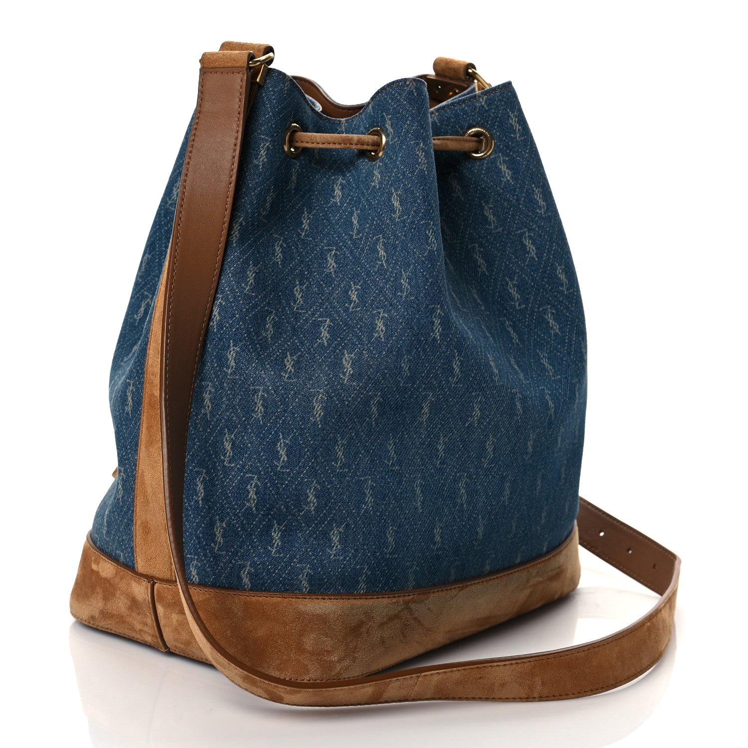 Saint Laurent Suede All-Over Monogram Bucket Bag Denim 3 of 10