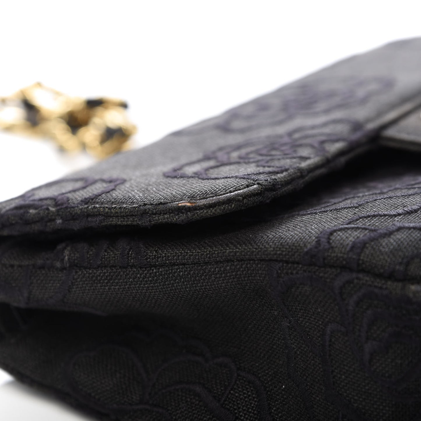 Canvas Camellia Embroidered Medium Double Flap Black