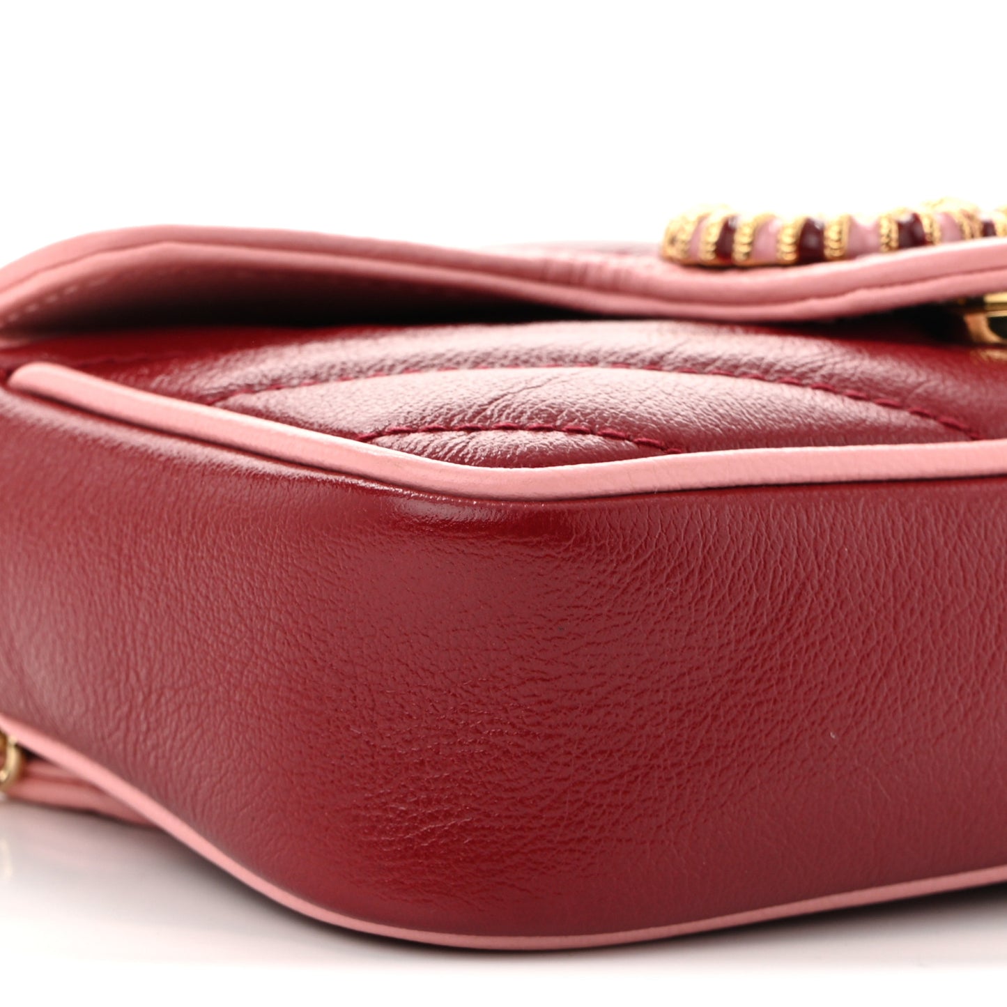 Azalea Calfskin Enamel Matelasse Diagonal Super Mini Torchon GG Marmont Shoulder Bag New Cherry Red Wild Rose